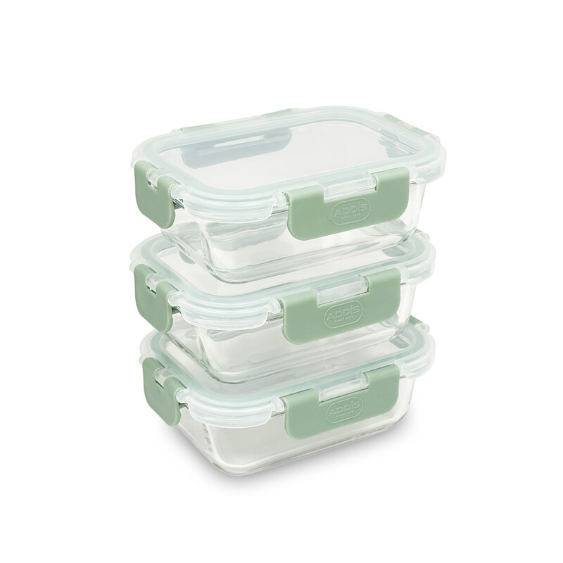 Addis Glass Food Storage Containers, 370ml, Sage, Set of 3