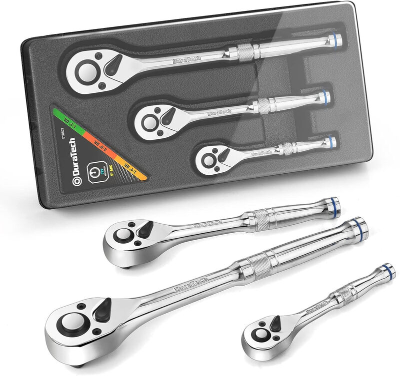 DURATECH 3-teiliges Ratschen-Set, 72 Zähne, 1/4" 3/8" 1/2" Antrieb Schnellspannung, Reversibel, Chromlegierung, In Kunststoffablage sortiert