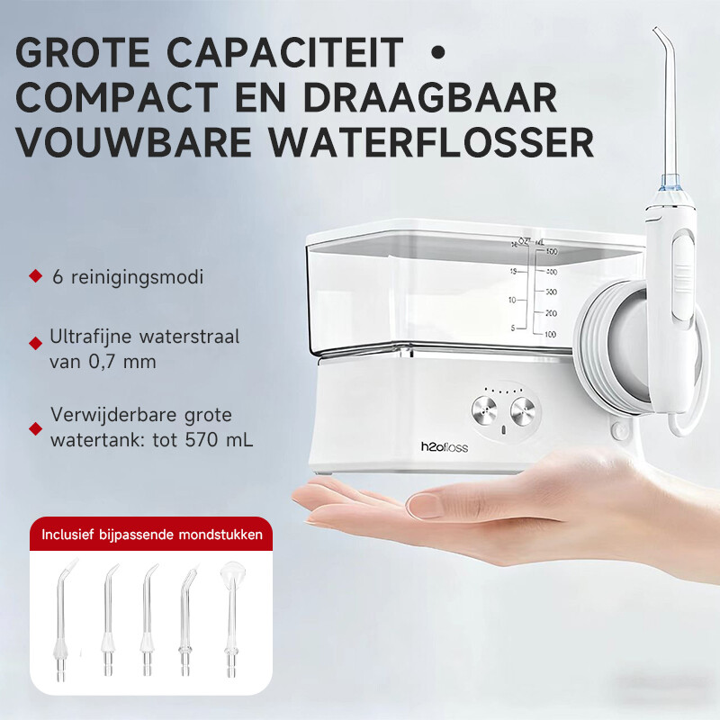 h2ofloss draagbare monddouche, 6 standen, 5 sproeikoppen, 2500 mAh-batterij, watertank van 570 ml, IPX7 waterdicht, wit