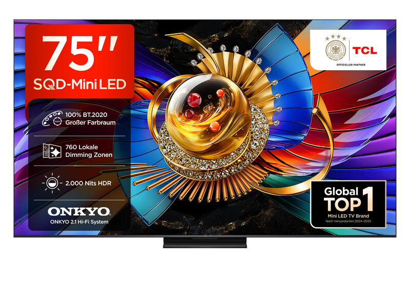 TCL 75Q7D PRO 75 Zoll 4K SQD Mini LED TV, 100 % BT.2020, 760 lokale Dimming-Zonen, 2.000 Nits HDR, Anti-Reflexion, 144 Hz, Dolby Vision IQ & Dolby Atmos, Google TV