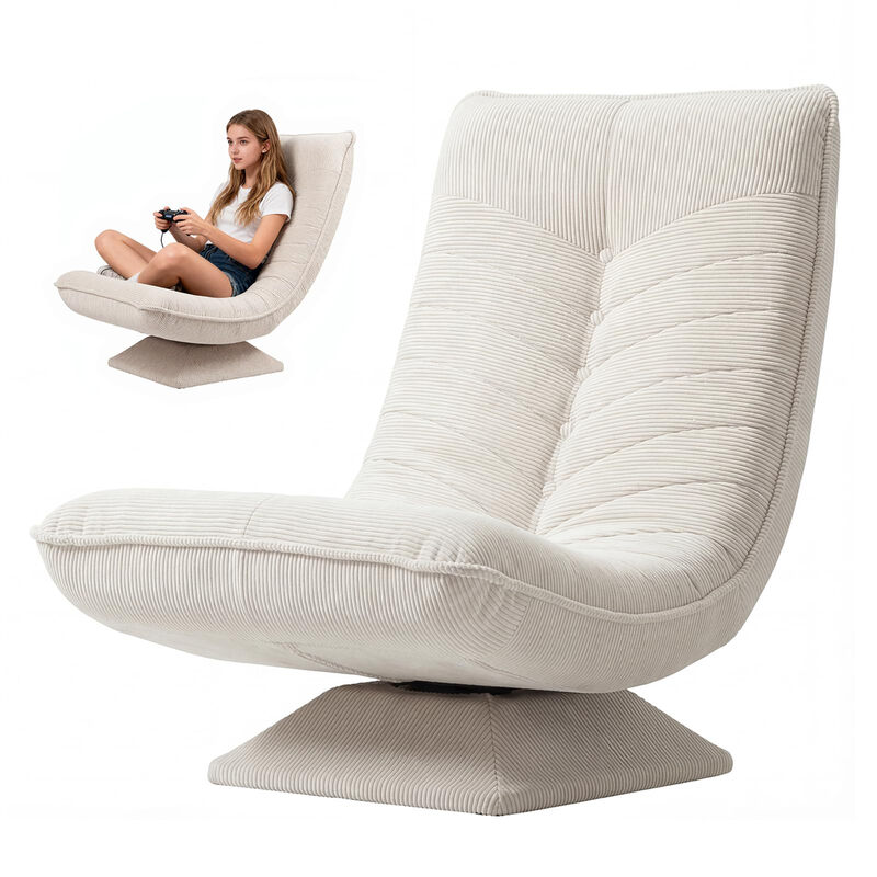 KAUFHOF Galeria Kaufhof 360° drehbarer Bodenstuhl für Wohnzimmer, keine Montage erforderlich, Beige Cord | Verstellbare & klappbare Rückenlehne, belastbar bis 150 kg, 60 x 105 x 87 cm | Idealer Gaming-Stuhl oder Lesestuhl