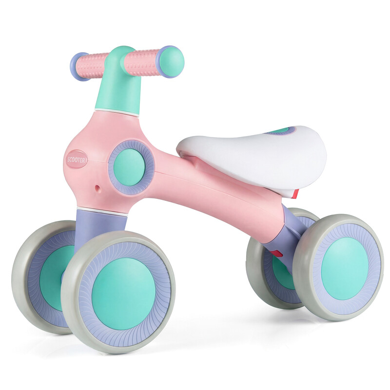 Balance bike voor baby's, verstelbaar zacht zitje, 4 stille wielen, zonder pedalen, roze