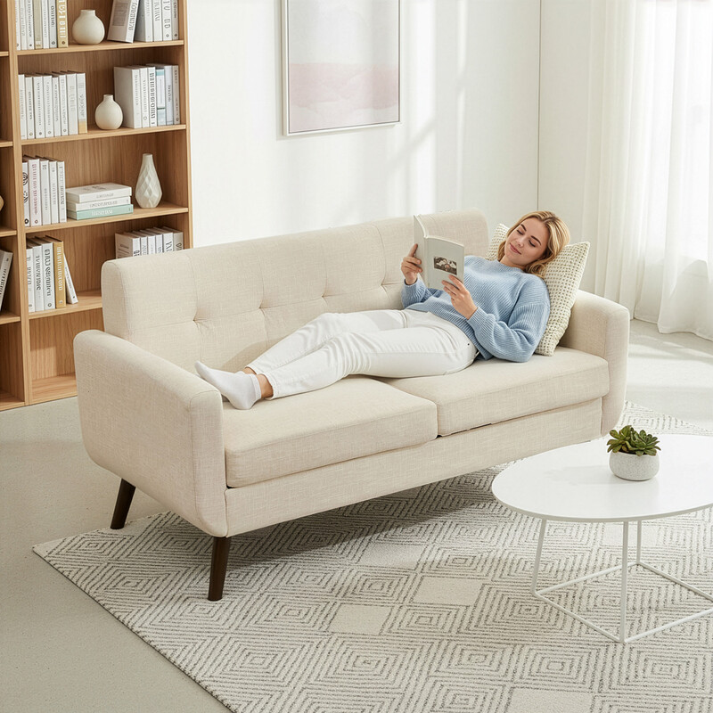 HONEYOU 165 cm loveseat, mid-century modern decor loveseats voor woonkamer, geknoopte gestoffeerde kleine bank voor slaapkamer, stevig en eenvoudig te installeren loveseats meubels, beige