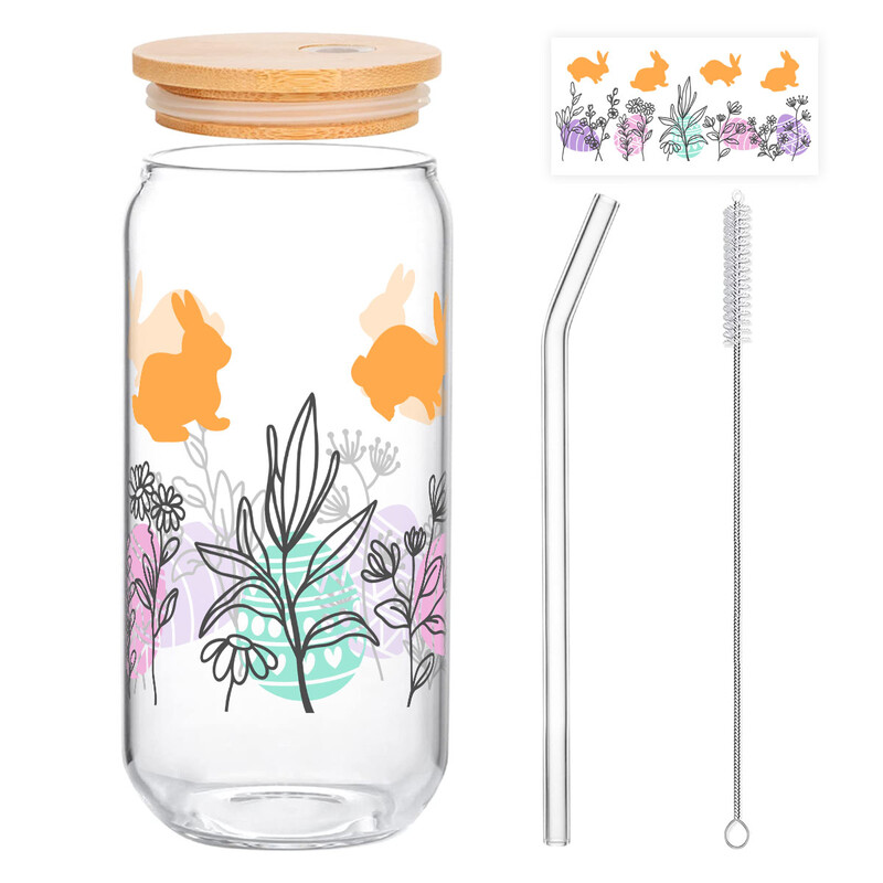1pc Easter Glass Tumbler, 500ml Iced Drink Cup with Rabbit Silhouette & Floral Patter