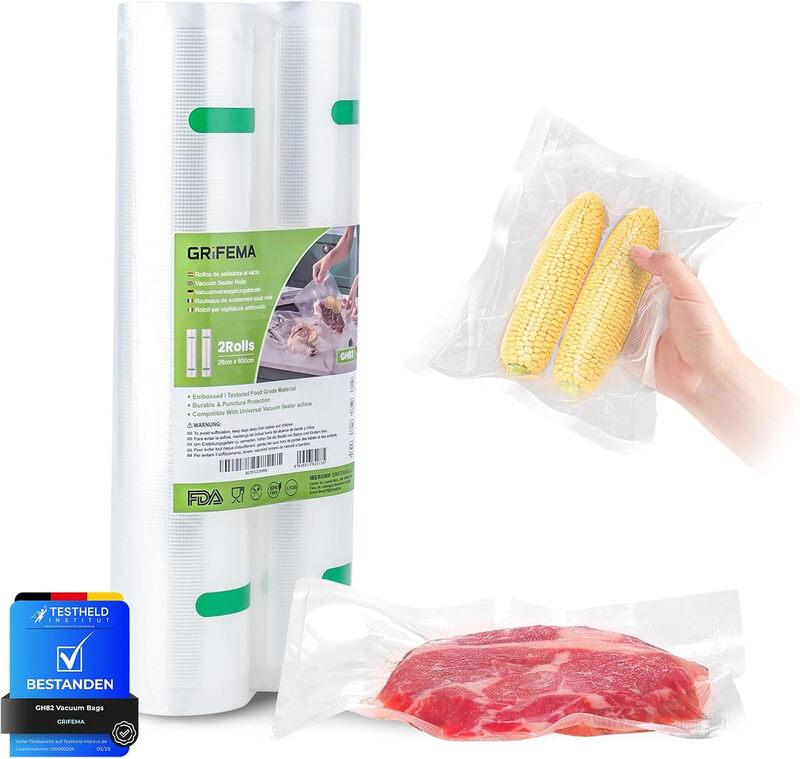 Grifema Vakuumierrollen Beutel 2 Pack (28cmx6m), BPA Freie Texturierte Beutel für Sous Vide Garen, Langzeit Fleischlagerung & Einfrieren