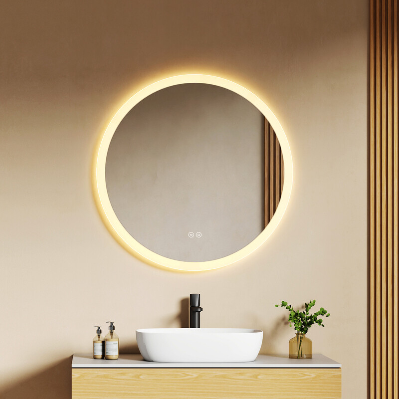 EMKE Badspiegel mit Beleuchtung Rund 70 cm, 3 Lichtfarben, Badezimmerspiegel mit dimmbarer Beleuchtung, Antibeschlag, Touch-Schalter und Speicherfunktion, ideal für das Badezimmer