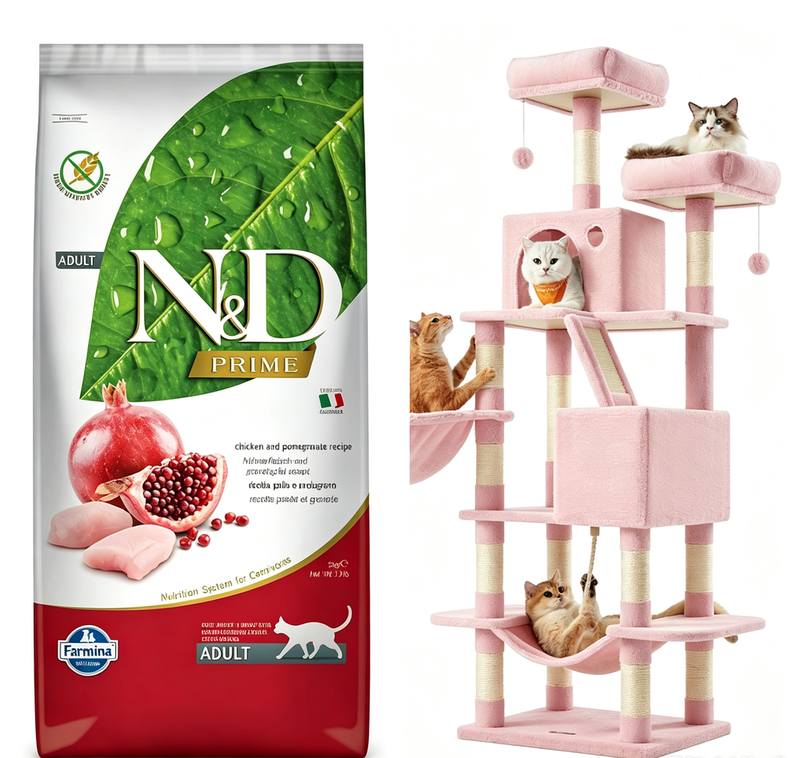 Farmina N&D Prime Adult Katzenfutter Huhn Getreidefrei 5 kg 58 % Hühnerprotein und Kratzbaum, 168 cm hoch, Größe L, mit 13 Kratzsäulen, 2 Plattformen, 2 Höhlen, Korb, Hängematte, Plüschbälle, mehrstöckiger Kratzbaum, Pastellrosa