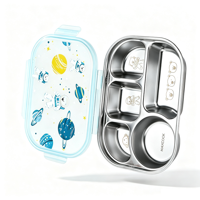 Maxcook 316 Stainless Steel 5‑Compartment Divided Bento Box, Compartment Food Container with Space Astronaut Pattern Lid, Portable Lunch Container for Office Picnic MCWA5567