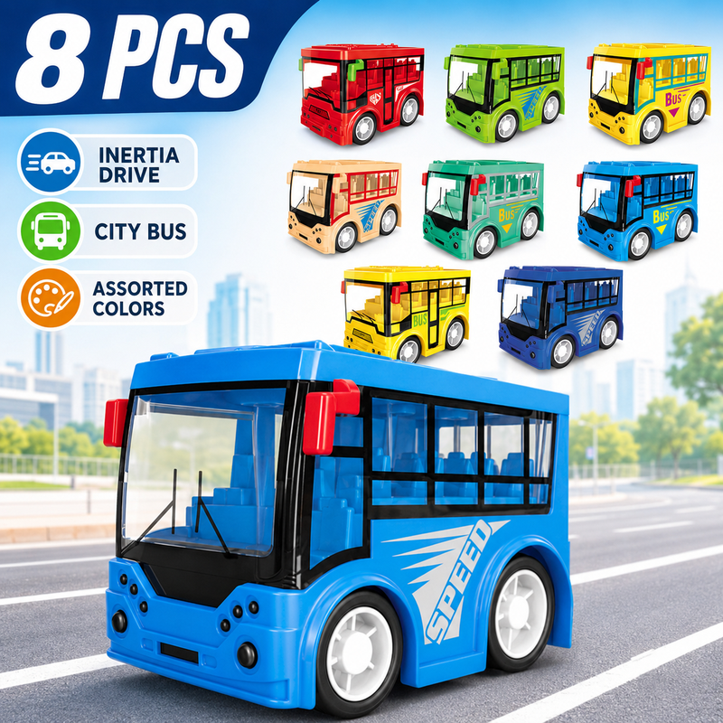 8-teiliges Stadtbus-Set, 1 Packung, Schwungradantrieb, verschiedene Stadtbusse, für Spielspaß mit der ganzen Familie