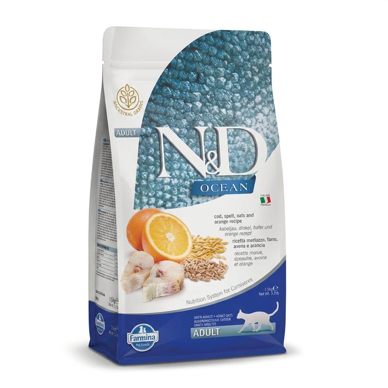 Farmina N&D Ocean Kabeljau, Dinkelweizen, Haferflocken mit Orangengeschmack Adult Hundefutter 1,5 kg