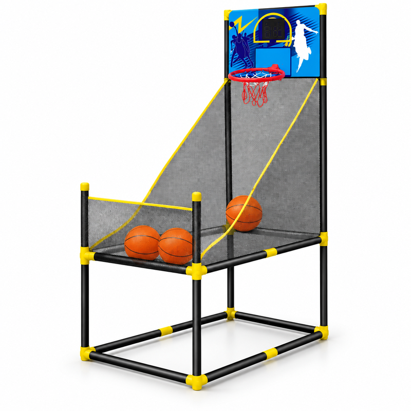 Indoor-Basketball-Automat für Kinder mit elektronischer Punkteanzeige, Ballrücklaufnetz und 3 Basketbällen für Zuhause