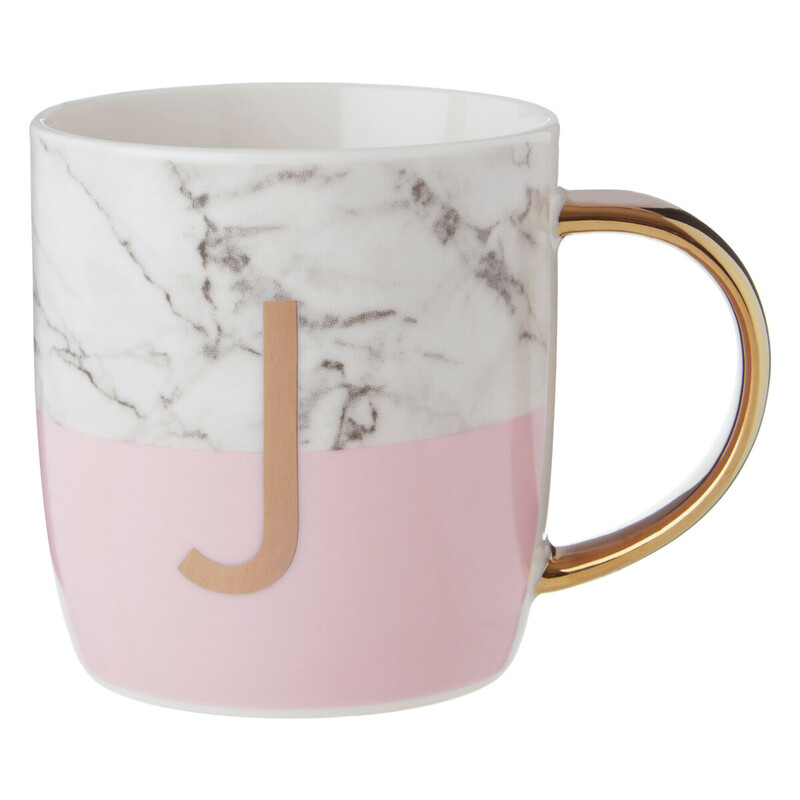 Frosted Deco Marble Effect and Pink Monogram Mug, J