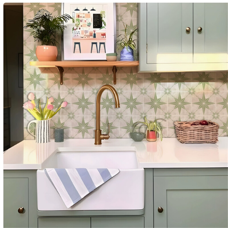 Huacan keuken tegelstickers, zelfklevend, waterdicht en oliebestendig, geschikt voor het bedekken van gebreken en gaten in keuken- en toiletwanden, reparatiestickers, retro groen, 20*20cm, 10 stuks