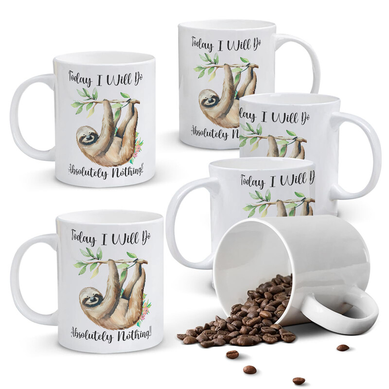 1pc 11oz White Mug with "Today I Will Do Absolutely Nothing" Quote & Hanging Sloth, R