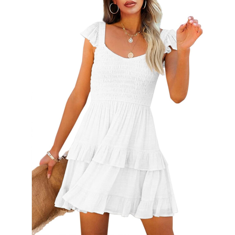 Women's Summer Ruffle Dresses Elastic Empire Waist A-line Layered Swing Flowy Mini Dr