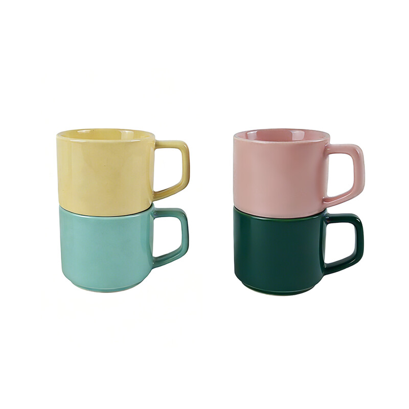 Set of 4 Small Ceramic Cups, 120ml in Soft Colors (Yellow, Blue, Green, Pink), Espres