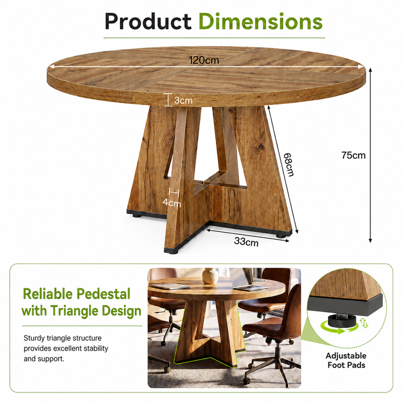 LANTINE Round Dining Table, 120 cm Kitchen Table for 4 People, Farmhouse Round Table for Home Dining Room Living Room (Only Table)
