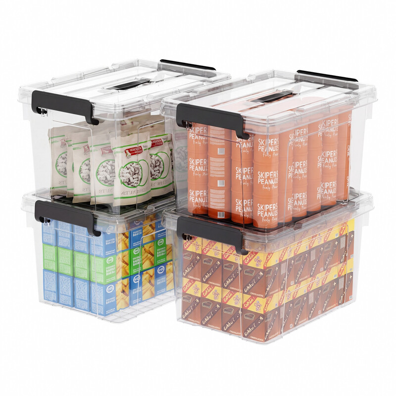 SPACEXPERT Tragbare transparente Kunststoff-Aufbewahrungsboxen mit Deckeln, Organizer-Container mit Griff und Clips, 20 L x 4, Größe: 42*29,5*25 cm