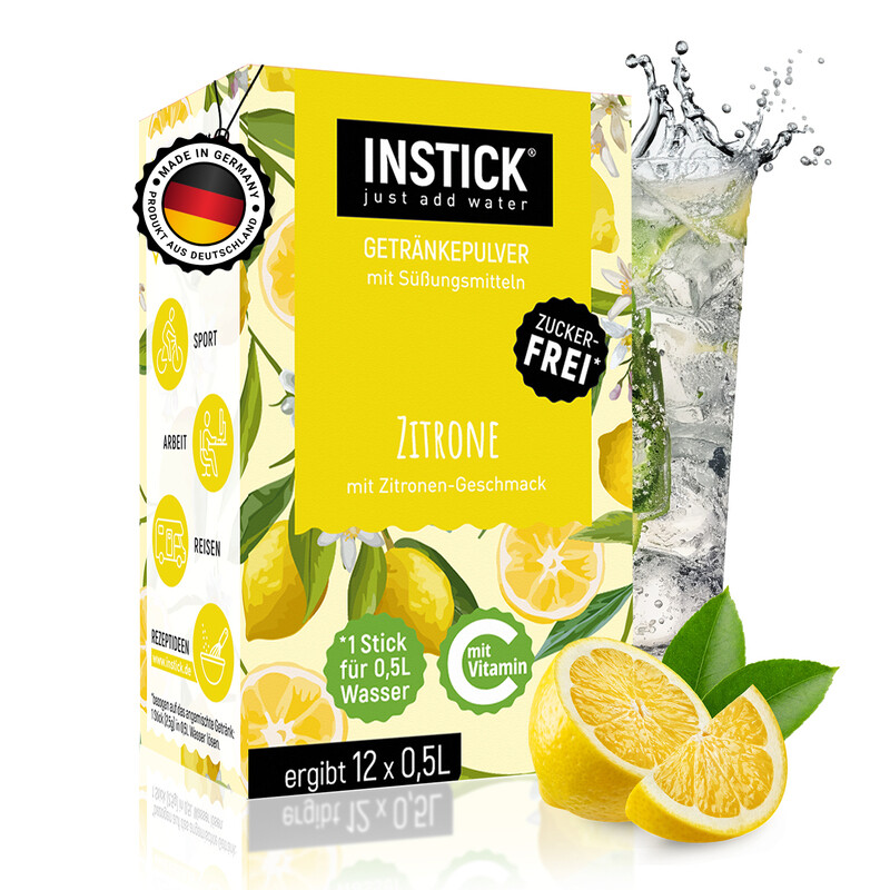 INSTICK Zuckerfreies Instant-Getränk (Zitrone) - 1 Packung für 12 x 0,5-1 L - Veganes Getränkepulver Kalorienarm & Vitamin C - Instant-Pulver