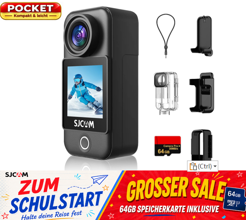 SJCAM C300 Pocket 4K Actionkamera mit 6-Achsen EIS Stabilisierung 1,3 Zoll Touchscreen 120 Min Aufnahme ultrakompakt 6,8 × 3,2 × 2,6 cm 30 m wasserdicht mit Gehäuse 20 MP Foto schnelles 5 GHz WiFi zum Handy Zeitlupe für Vlogging Motorrad Ski Angeln