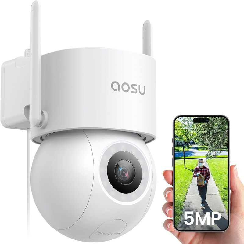 AOSU 3K 5 MP Überwachungskamera Außen WLAN Kabelgebunden mit 400 Lm Scheinwerfer Vollfarb-Nachtsicht, 360° PTZ CCTV Kamera, Überwachungskameras 24/7 Aufzeichnung, Fahrzeugsicherheit und -schutz, Spot Cruise