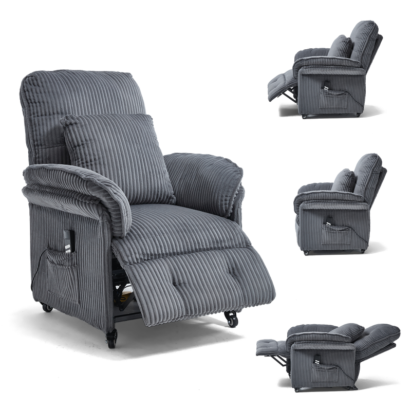 KAUFHOF Elektrische relaxfauteuil met 2 motoren, donkergrijs corduroy | Elektrische relaxfauteuil met onafhankelijk verstelbare rugleuning & voetensteun, 95°–175° kantelbaar, vergrendelbare wielen & 2 zijvakken