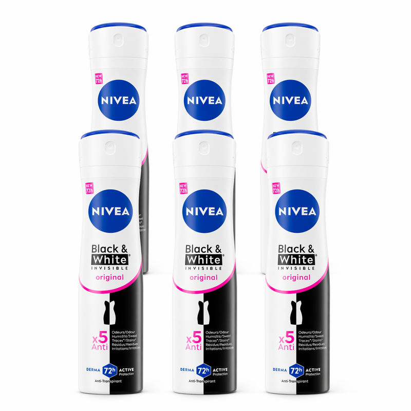 NIVEA Invisible Black & White Clear Anti-transpirant Deodorant Spray - Original - Anti-vlekken - 72H Bescherming 150 ml (6-Pack)