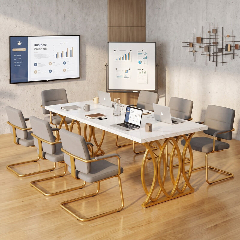 Executive-Schreibtisch, 160 cm breit, moderner Computer-Schreibtisch, Konferenztisch, Konferenztisch, Bürofurnitur für Homeoffice, Weiß und Gold