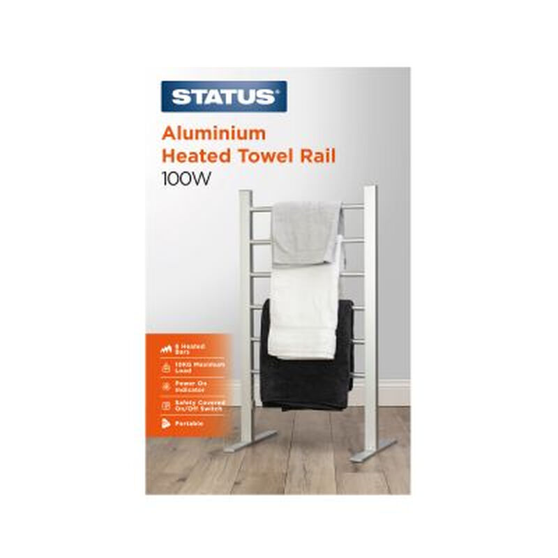STATUS 100W Free Standing Aluminium Heated Towel Rail, 6 Bar Silver Ladder Designer Airer for Bathroom & Drying