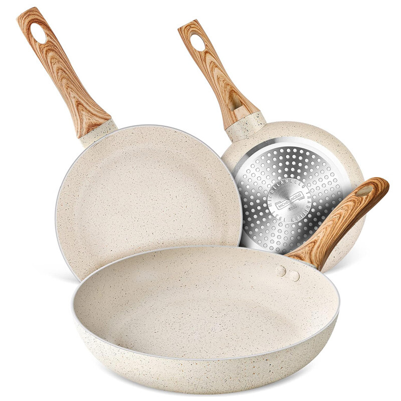 Nonstick Frying Pan Set, 8 / 9.5 / 11 Inch Frying Pans with Cream Nonstick Coating, I