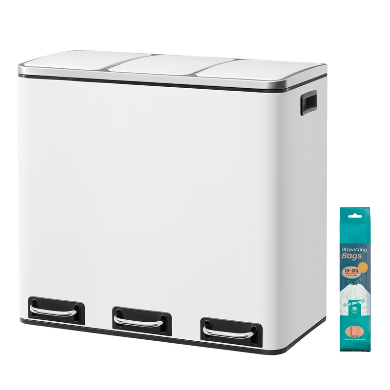 JOYFURNOS Drievoudige prullenbak, 3 x 18 L prullenbak met pedalen, Softclose deksels, Staal, Voor keuken, Wit