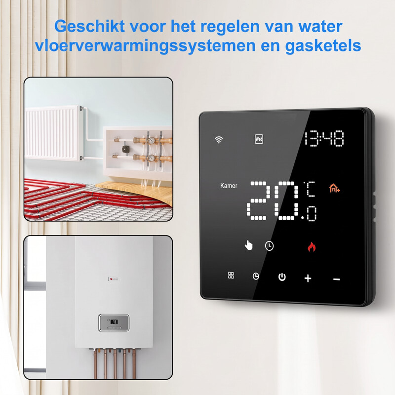 WiFi slimme thermostaat voor gasketel & water vloerverwarming, wekelijks programmeerbare kamertemperatuurregelaar, app-afstandsbediening, touchscreen, instelbare helderheid, kinderslot, zwart