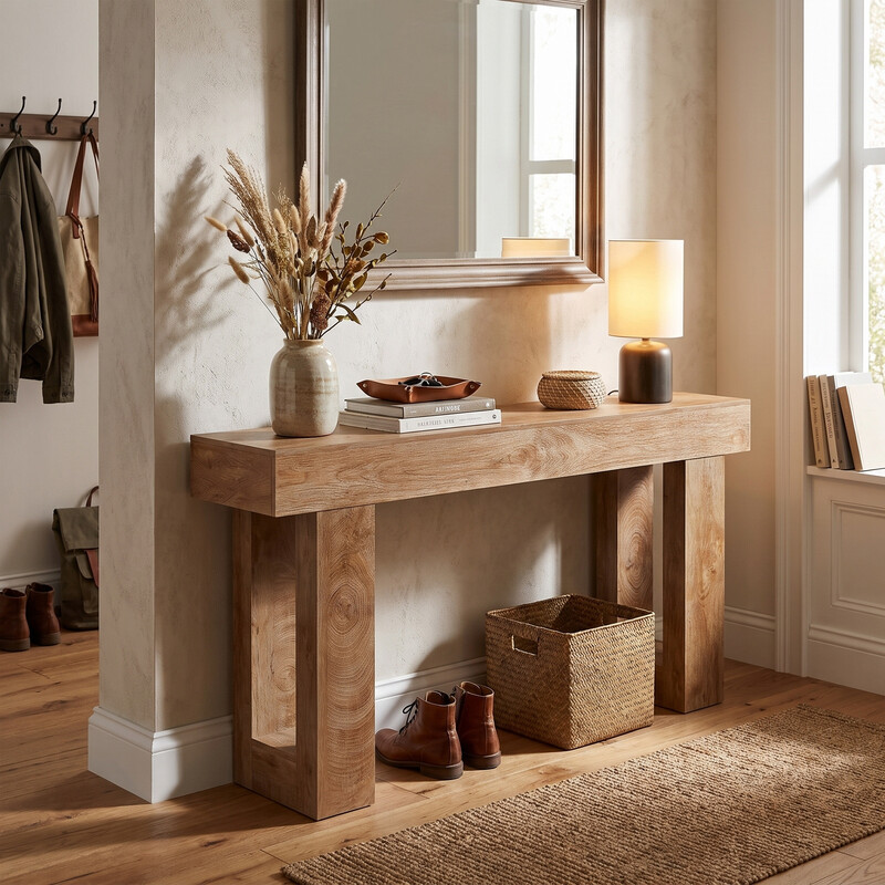 160cm langer Konsolentisch, rechteckiger Sofatisch hinter der Couch, Landhausstil-Tisch für Eingang, Flur, Wohnzimmer (Natur)