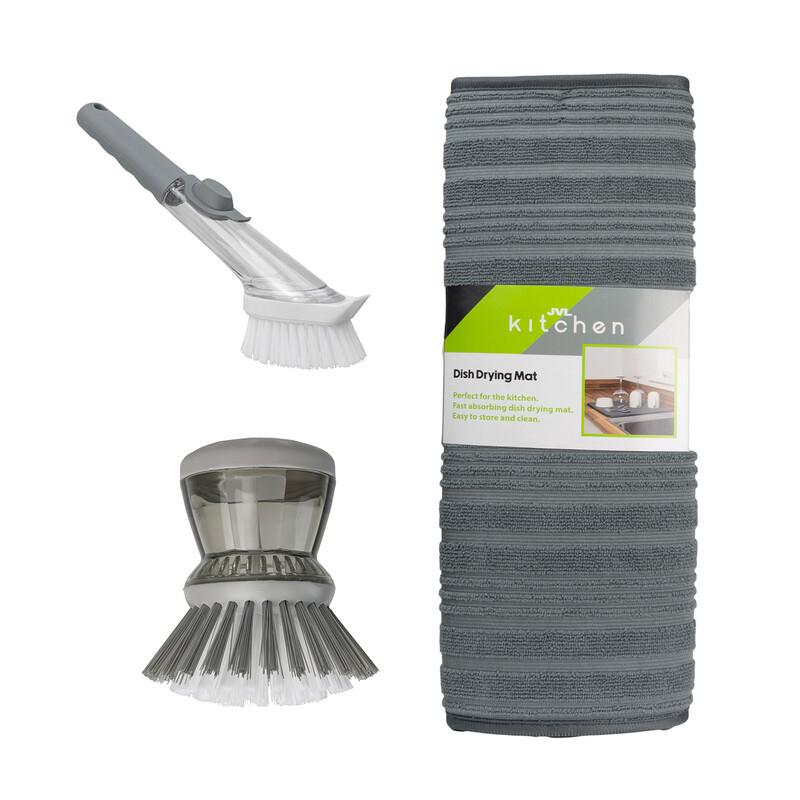JVL Sesha Dish Drying Mat & Soap Dispensing Dish Brush Kitchen Bundle
