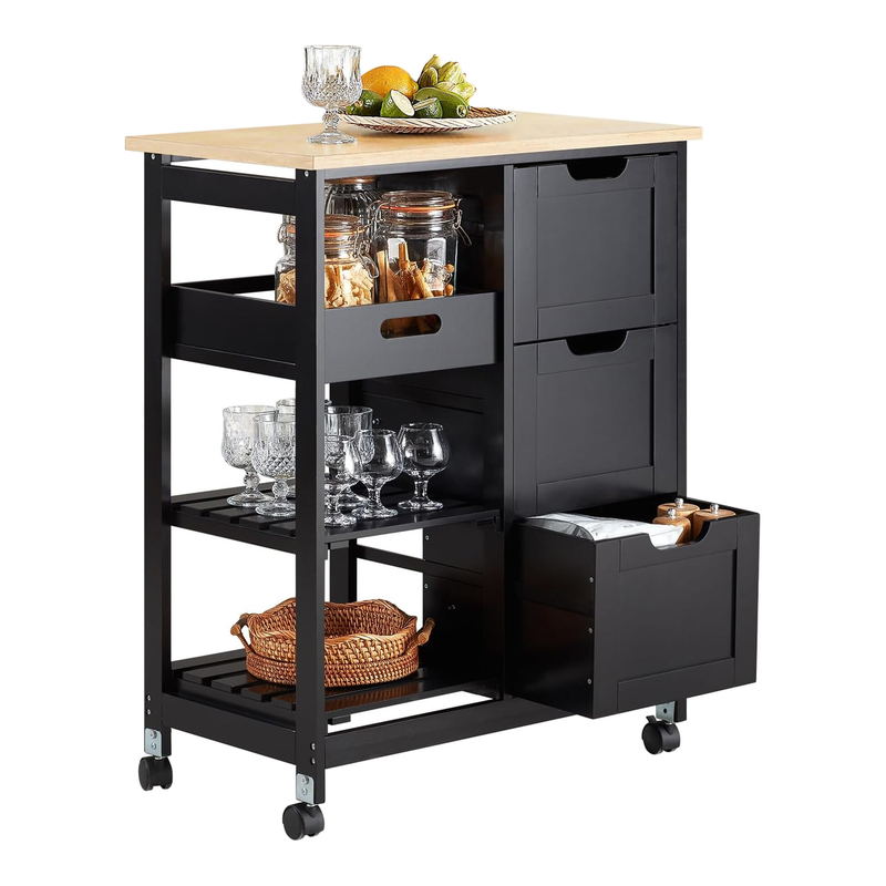 SoBuy Küchenwagen mit Rollen, 1 Tablett, Rollwagen für Küche, Wohnzimmer, Esszimmer – Ideal für kompakte Küchen, mit Arbeitsplatte, Schwarz, 68 × 85 × 38 cm, FKW79-SCH