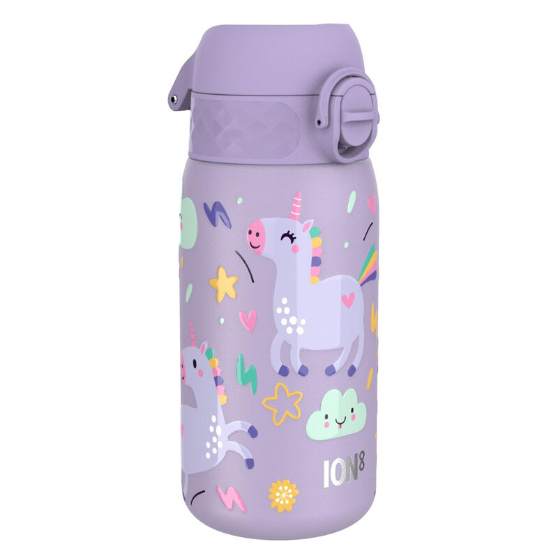 ION8 Waterfles voor kinderen, lichtgewicht staal, 400 ml/13 oz, lekvrij, niet geïsoleerd, eenvoudig te openen, veilige vergrendeling, vaatwasserbestendig, flip-dop, draaggreep, eenvoudig te reinigen, metalen waterfles, paarse eenhoorns