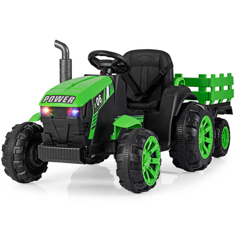 24 V elektrische kindertractor met RGB LED-koplamp, muziek en USB-poort, elektrische tractor-aanhanger en afstandsbediening voor ouders, groen