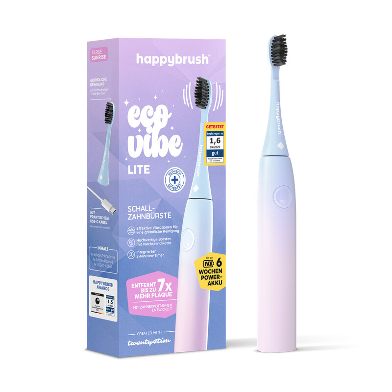 happybrush ECO VIBE Lite Schallzahnbürste Starter-Set, 6 Wochen Akkulaufzeit, Reisegröße, Sunrise, 1 Bürstenkopf
