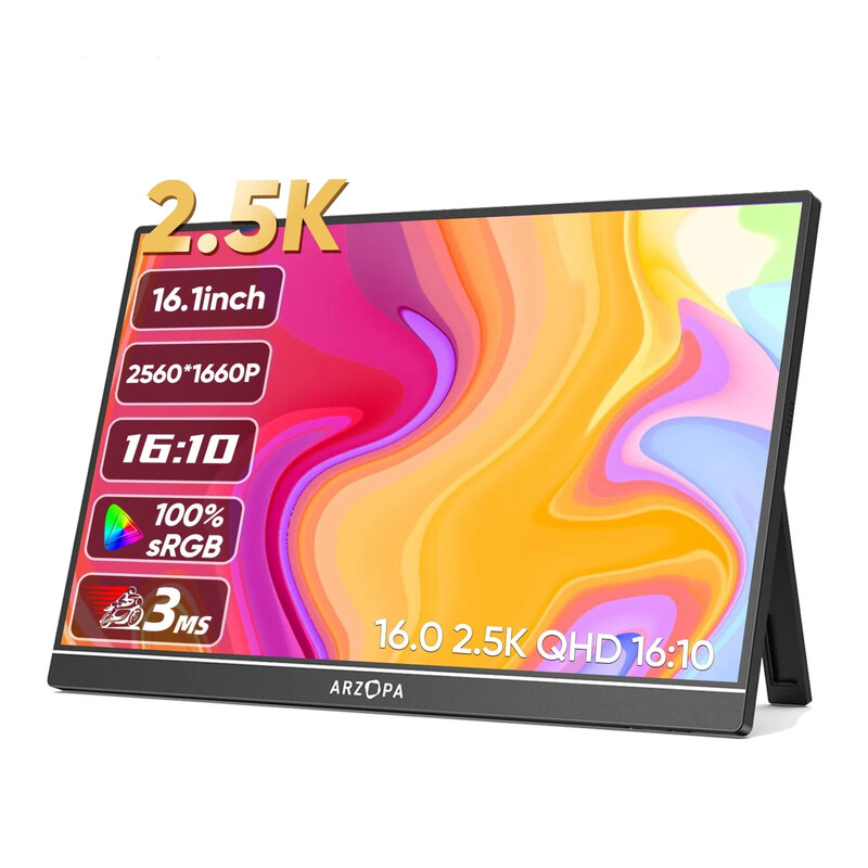 ARZOPA Z1RC 16" 2.5K draagbare monitor, 2560 x 1600 QHD IPS-scherm, 123% sRGB, met ingebouwde standaard, USB-C, HDMI, oogcomfort, extern tweede scherm voor Mac, laptop, telefoon, PS4/5, Xbox, Switch