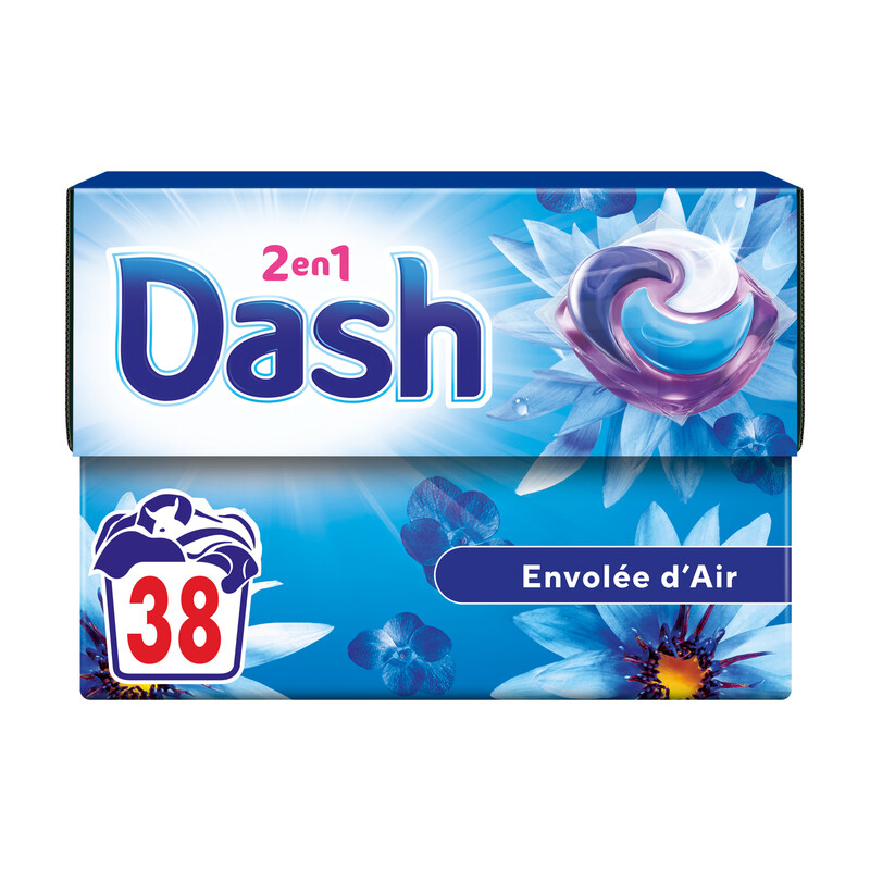Dash 2en1 PODS®, Lessive En Capsule, 38 Lavages, Parfum Envolée d'air, 3 Semaines De Fraîcheur Avec L’Adoucissant Lenor, Fabriqué En France