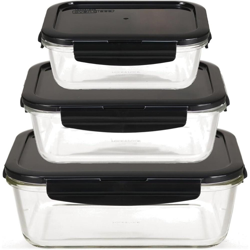 LocknLock Ofenglas-Frischhaltedosen 3er-Set – 630 ml, 1000 ml & 2000 ml Transparentes Borosilikatglas Rechteckige Behälter mit luftdichten Deckeln, Backofen-, Mikrowellen-, Gefrier- & Spülmaschinengeeignet