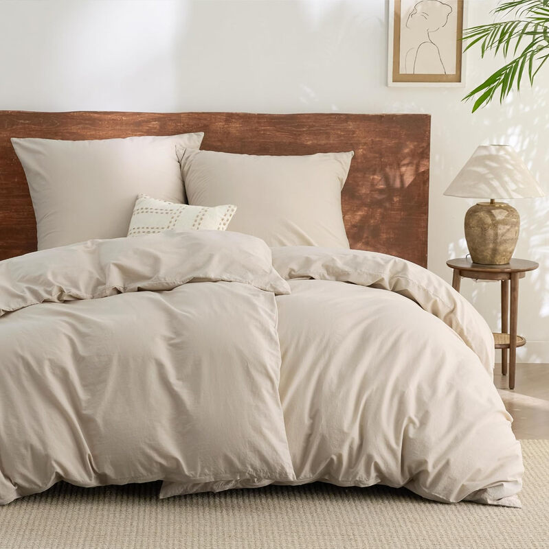 Bettwäsche 135x200 90% Baumwolle 4teilig - Bettwäsche-Sets Beige Bettbezug 2er Set mit 2 Kissenbezüge 80x80 cm, Ähnliche Textur wie Washed Leinen, Oeko-TEX Bedding mit Reißverschluss