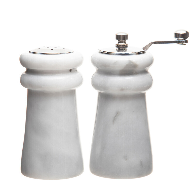 White Marble Salt & Pepper Set, Elegant Natural Marble Shakers with Chrome Accents, D