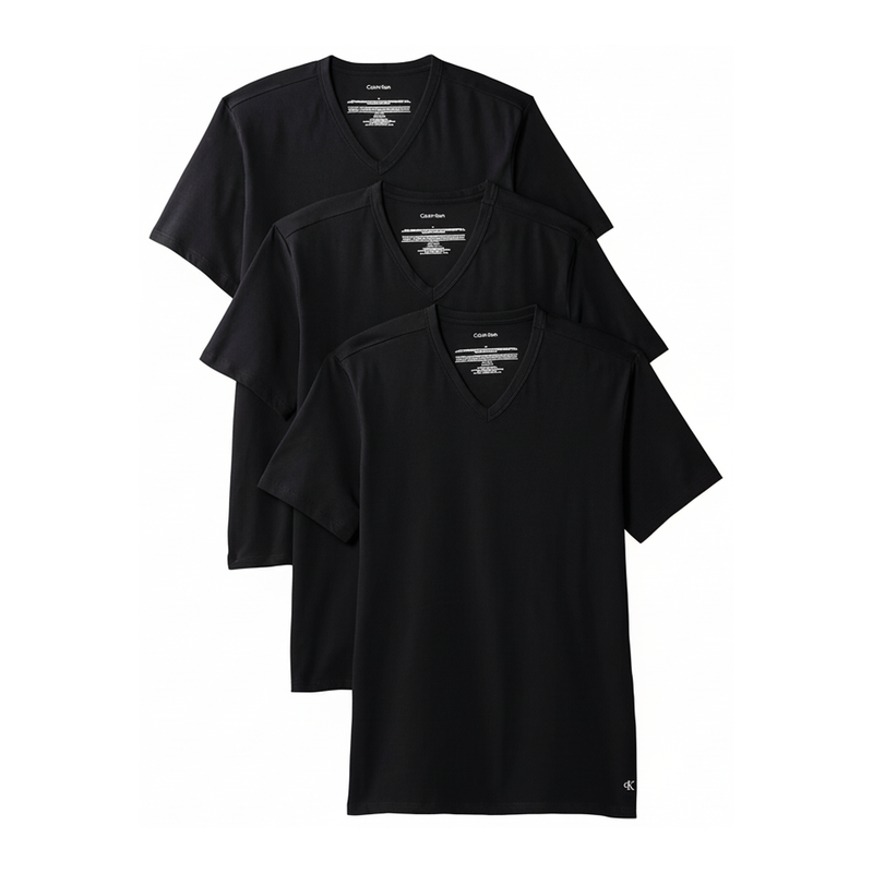 Calvin Klein V-Neck-Kurzarm-Shirt 3er-Pack – Baumwoll-Stretch-Mischung – Herren – Schwarz – XS