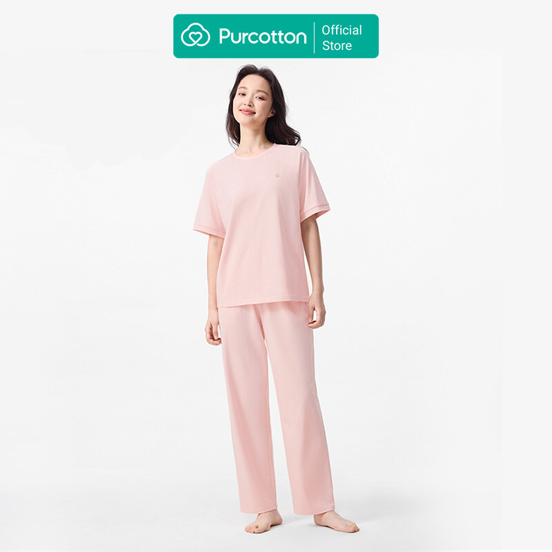 Purcotton Women's Antibacterial Knit Loungewear Set - Long Pants Set - Comfortable & Skin-Friendly - Restful & Casual Style - Clam Pink - Top: 165/88A; Bottom: 165/72A