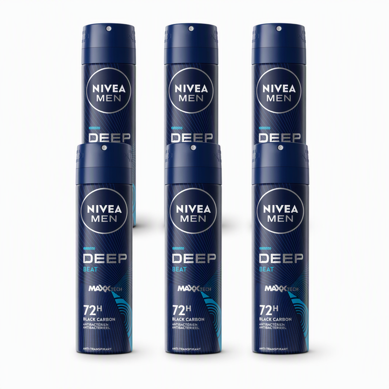 NIVEA MEN Deep Black Carbon Beat Deodorant Spray - 72 uur bescherming – Geur met houtachtige tonen - Met zwarte koolstof - Antibacterieel - 150 ml (6-pack)