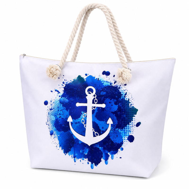 Marine-Stil Canvas-Tasche für Damen blaue Aquarell-Tintenflecken Anker-Print Weiß große Kapazität Schulter-Tote-Bag Leinenseil-Griffe Strandtasche