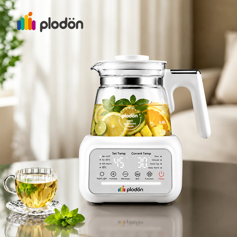 Plodon 1,3L 800W Gesunder Glas-Elektrowasserkocher, Multifunktionaler Wellness-Wasserkocher mit präziser Temperaturregelung, Milchaufwärmen, Entchlorung, Warmhaltefunktion, Nachtlicht & LCD-Display, für Tee, Kaffee und Milch