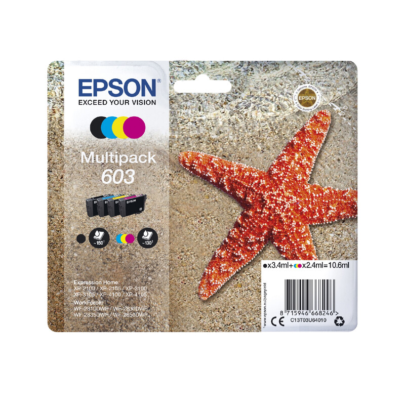 Epson 603 Starfish Black Cyan Magenta Yellow Standard Capacity Ink Cartridge 1 x 3.4ml + 3 x 2.4ml Multipack - C13T03U64010