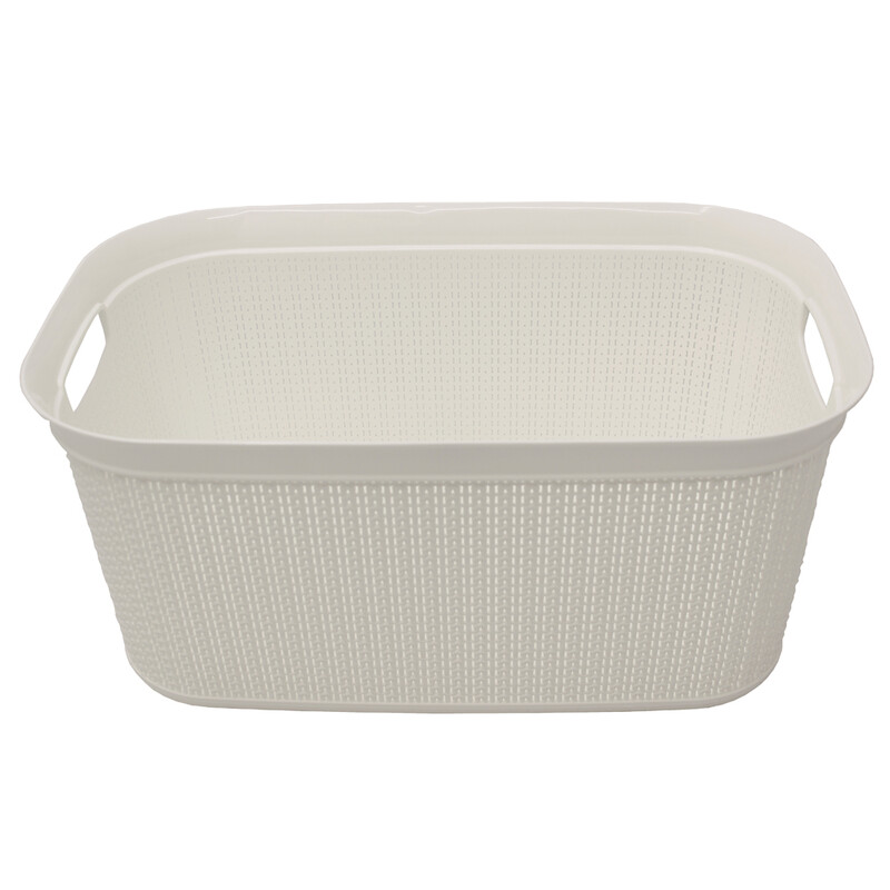 Knit Design Loop Plastic Rectangular Linen Laundry Basket with Handles – Ivory